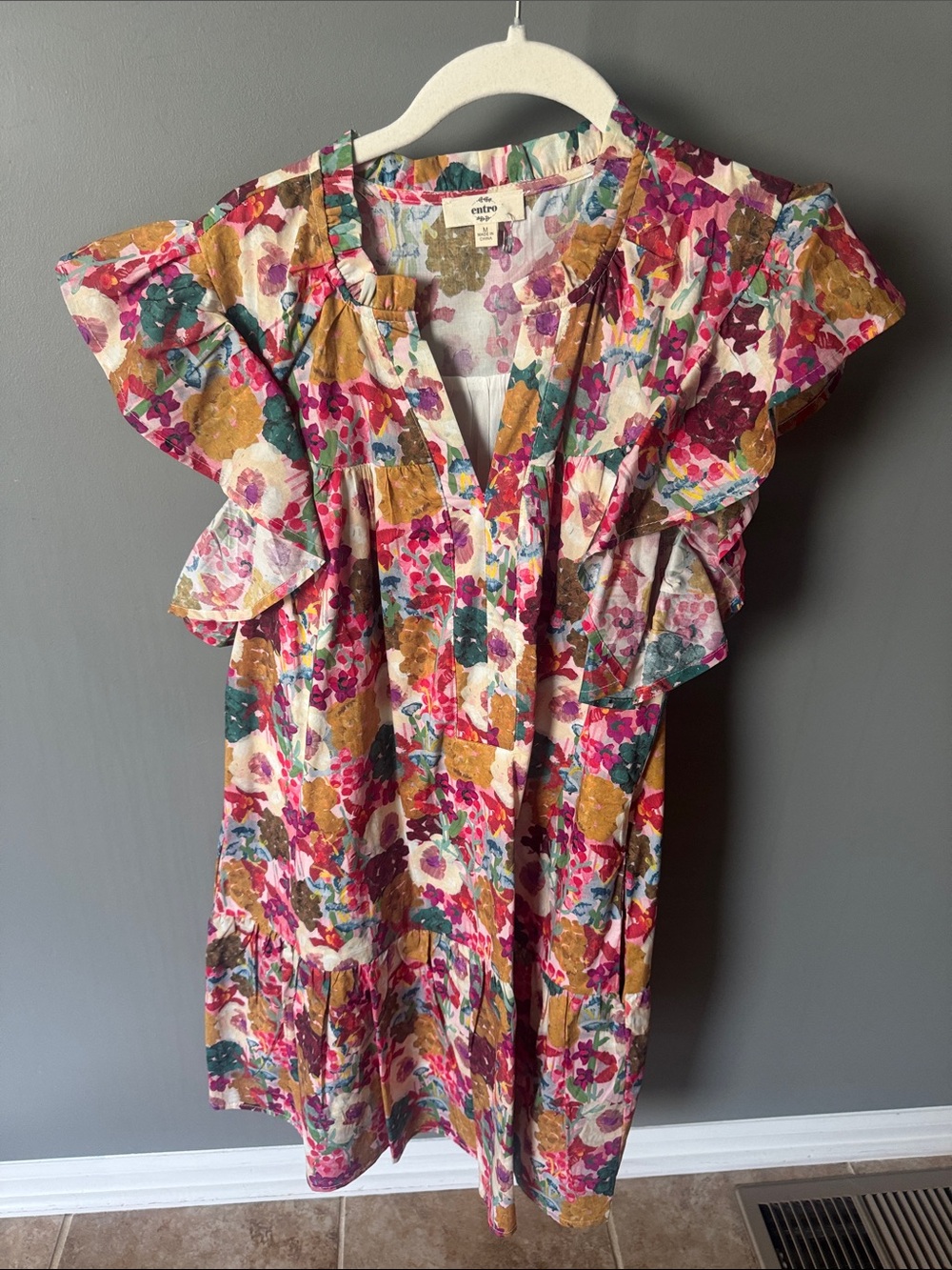 Entro | Floral Ruffle Sleeve Cotton Dress in Pink & Mustard